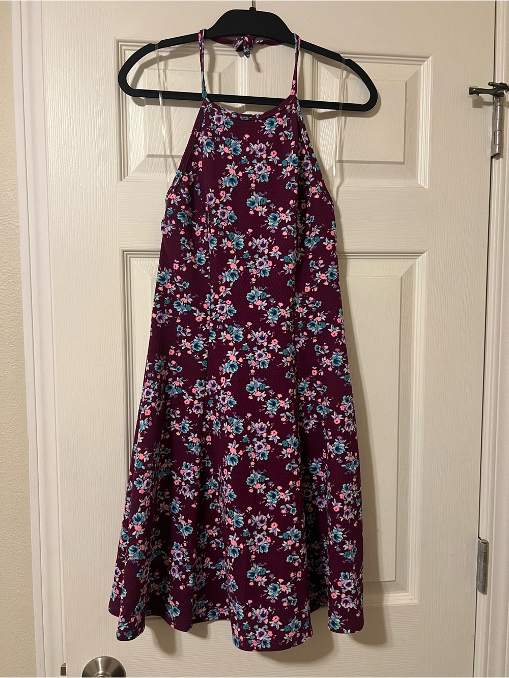 SO Plum Floral Halter Midi Dress with Teal and Pink Flowers